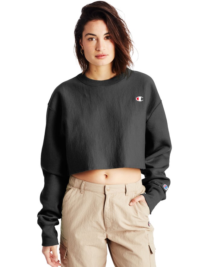 Champion Reverse Weave Cropped Cut-Off Crew - Naisten Mustat Collegepaita - Suomi 4251369-OW